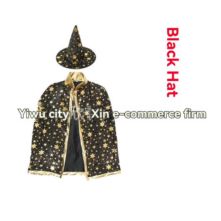 Preschool | Reversible Wizard Cape & Hat, Black/Gold, Size 4-6 Preschool Preschool